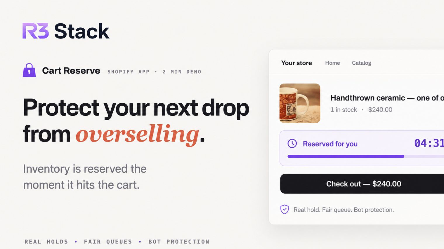 Shopify-Inventarreservierung schützt begrenzten Bestand mit aktiven Warenkorb-Reservierungen, fairer Warteschlange und Bot-Schutz