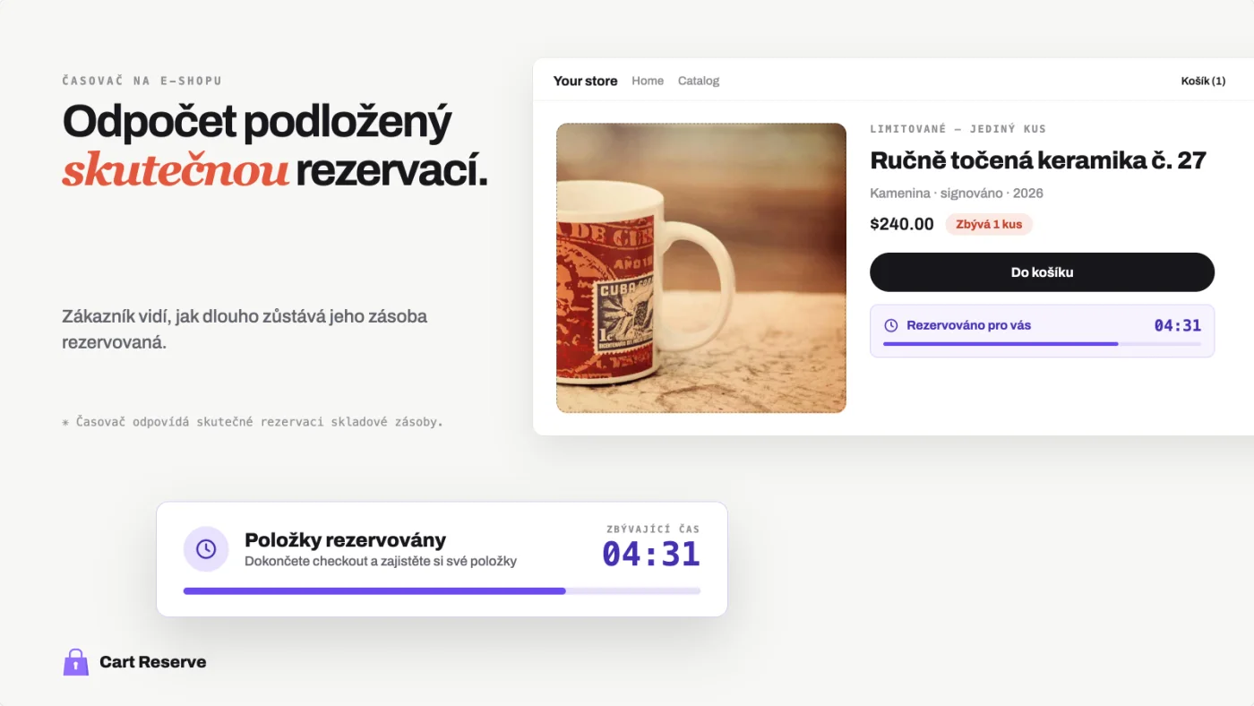 Produktová stránka Shopify a odpočet košíku podložený skutečnou rezervací skladu