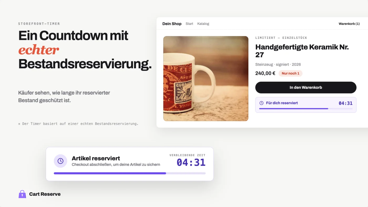 Shopify-Produktseite und Warenkorb-Countdown mit echter Bestandsreservierung
