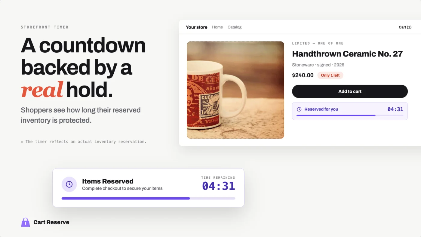 Shopify product page and cart countdown timer backed by a real inventory hold