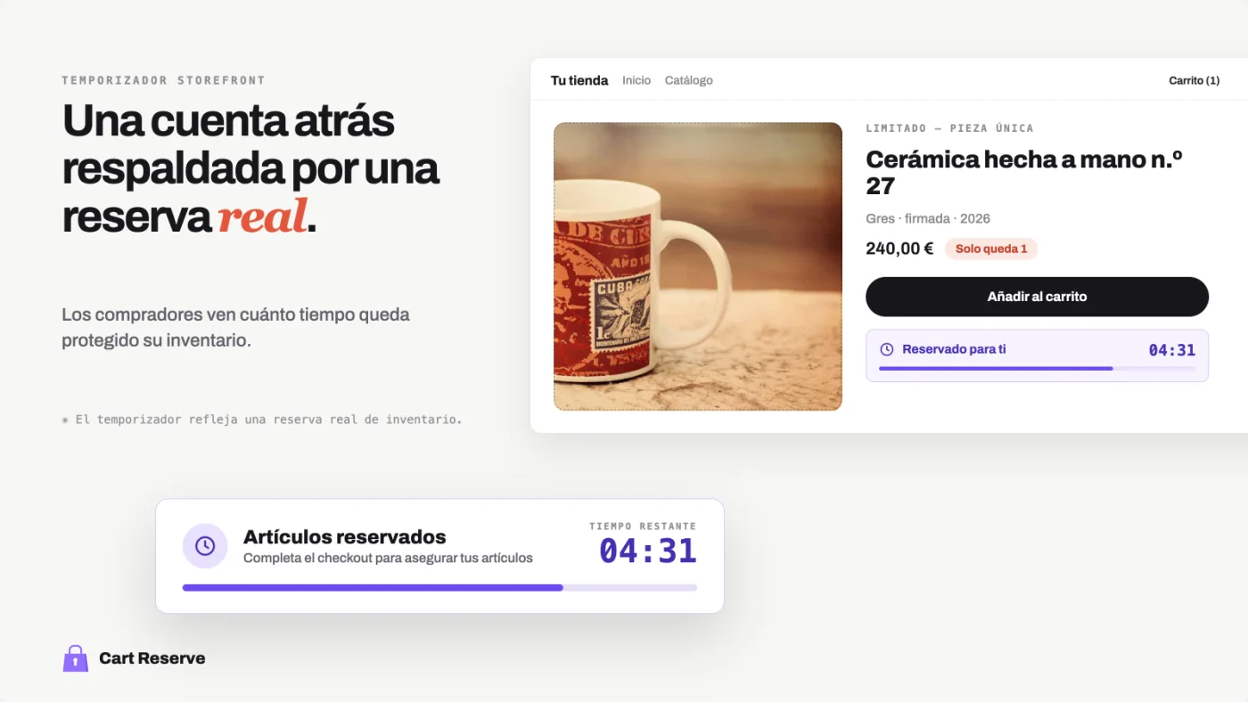 Página de producto Shopify y cuenta atrás del carrito respaldada por una reserva real de inventario