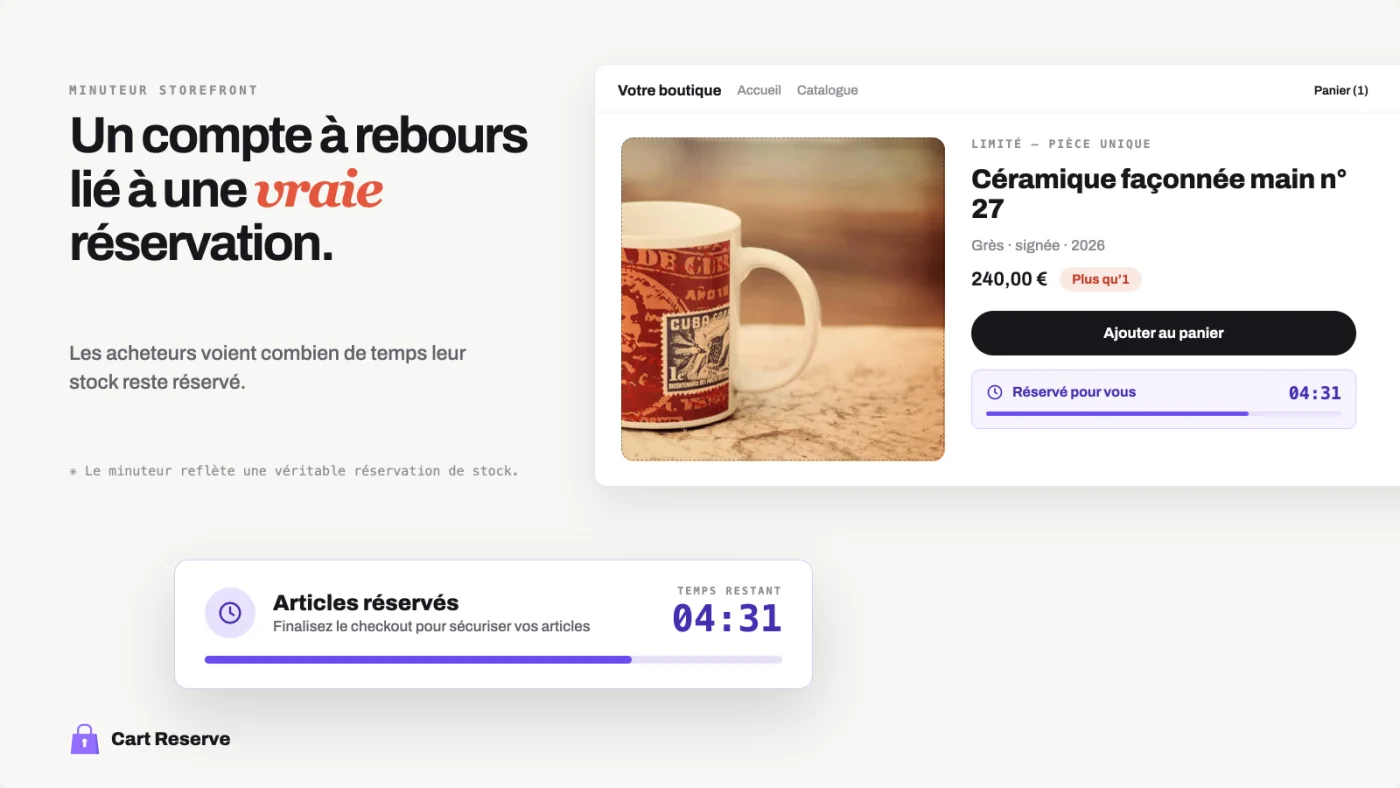 Page produit Shopify et compte à rebours panier appuyé par une vraie réservation de stock